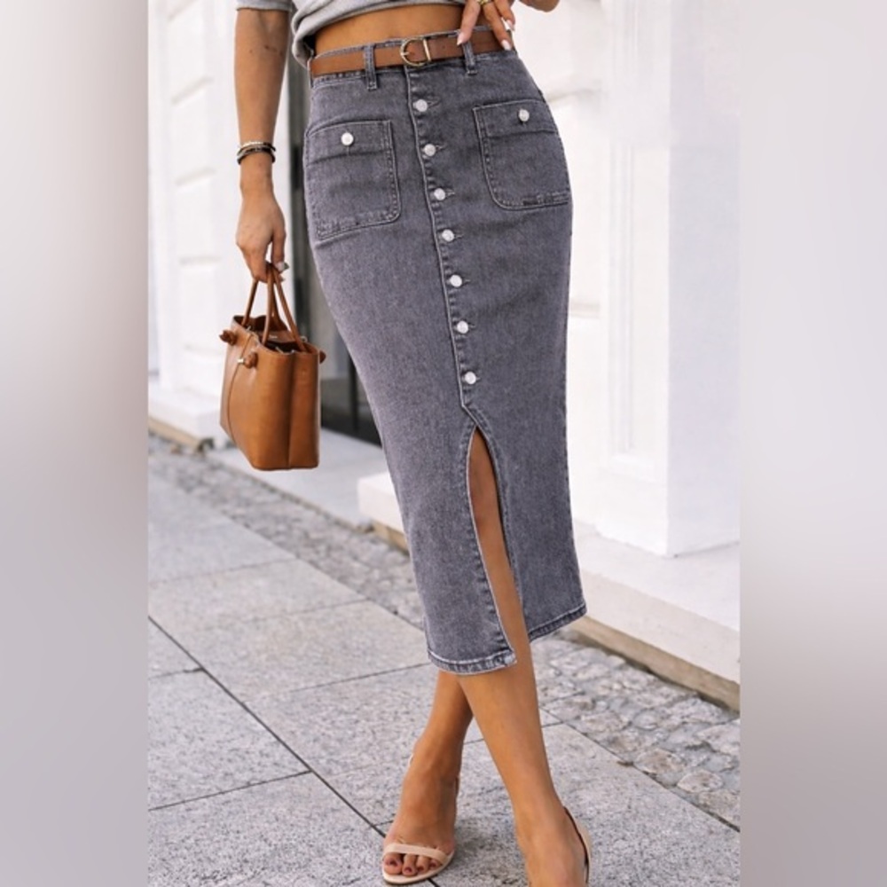 Flamingals Midi Skirt Button Front Slit Vintage High Waist A-Line Jean Skirt